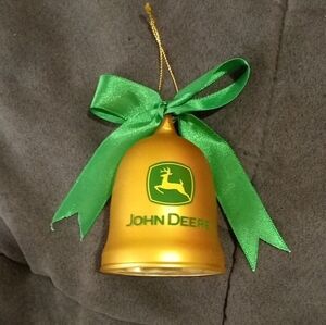 Rare John Deere Festive Gold Bell Ornament with Green Bow